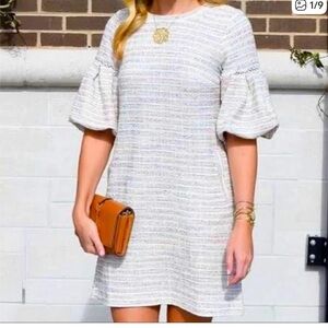 LOFT colorful bouncle Tweed Puff Sleeve Shift Dress